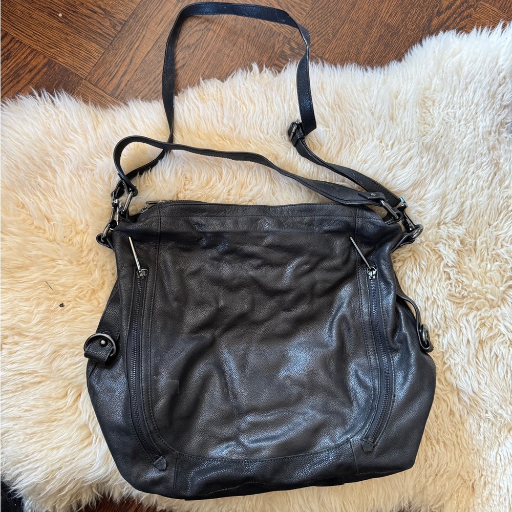 Elliott Lucca Black Caviar Pebbled Leather Shoulder Bag Hobo Bag zip top